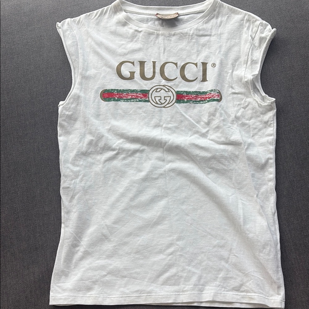 Gucci White Tank Top with Gold Logo and Red-Green Stripe